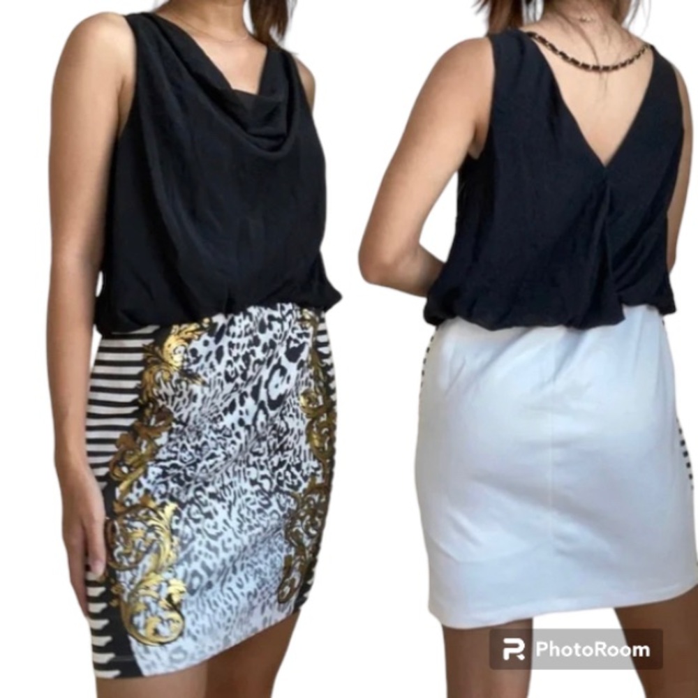 Thalia Sodi Women Elegant Dress Black -White Elastic Waist Size Small